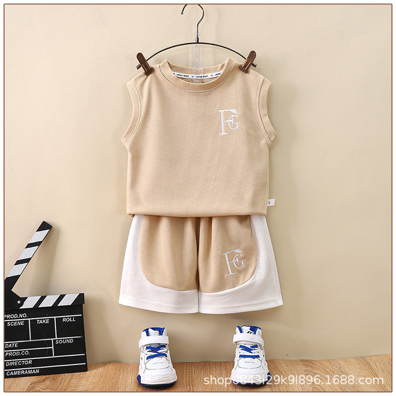 

Children Vest Suit Baby Short-sleeved Summer Two-piece Waffle Children's Clothes, Brown