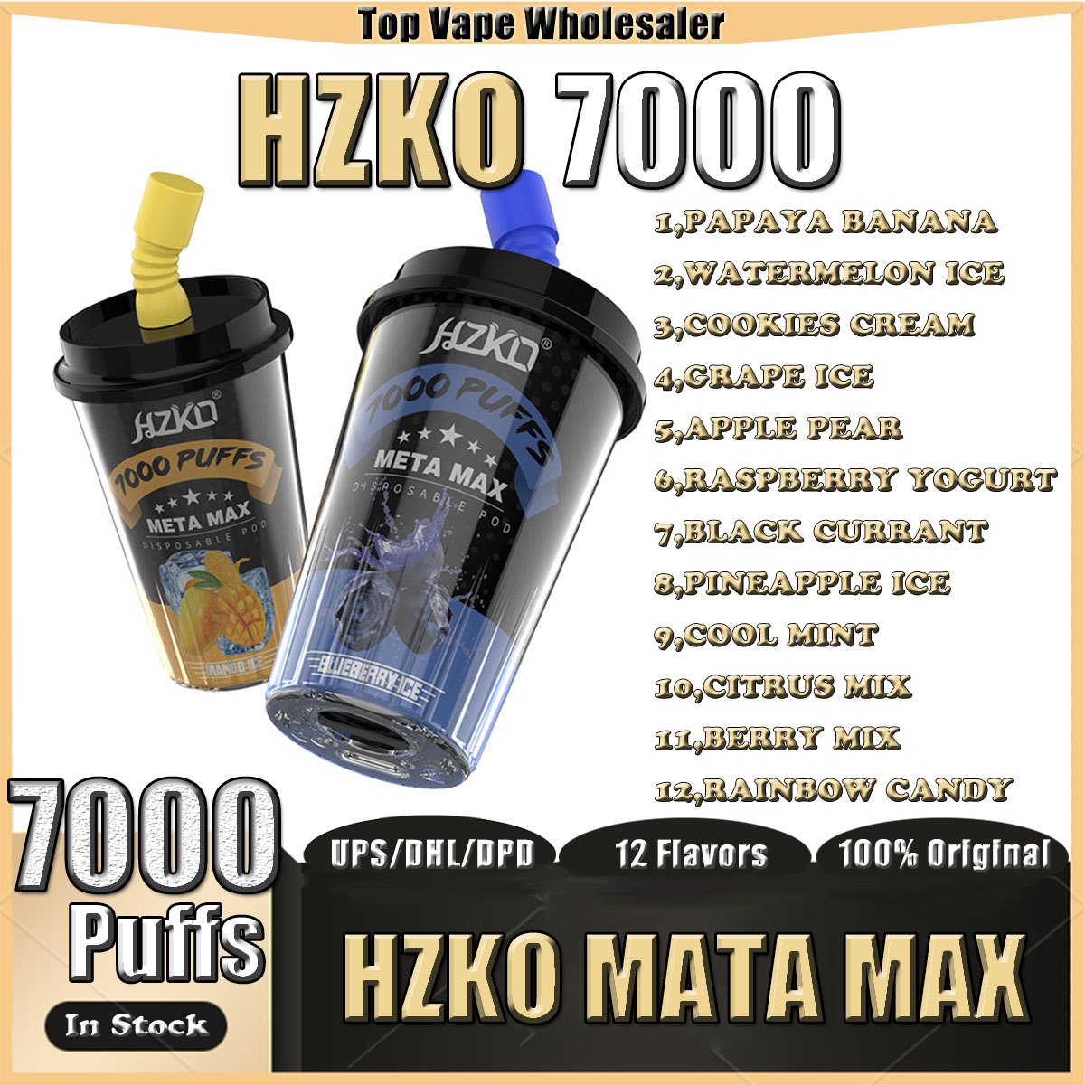 

Original HZKO Meta Max 7000 Puffs E Cigarettes Disposable Pod Device 15ml Capacity 600mAh Rechargeable Vape Type C 1.2Ω Mesh Coil Air Flow Idol Max Cup Vapes