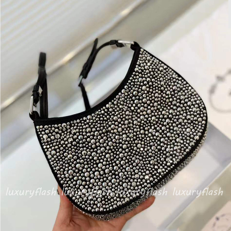 

Women Designer Tote Shoulder Bags Crystal Embellished Satin Handbags High Quality Ladies Cleos Fashion Cross Body Underarm Purses Bling, Black