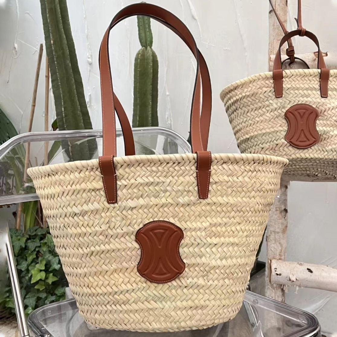 

Womens TRIOMPHE classic Shoulder Bags Mens top handle clutch tote handbag Crossbody Designer Raffias large duffle bags luxury Straw weave basket summer Beach bag, 1-brown
