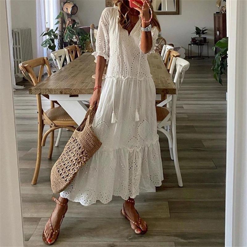 

Dresses Elegant White Lace Hollow Out Long Maxi Summer Dress Women 2022 Casual Aline Ruffled Laceup Dresses for Party Beach Vestidos