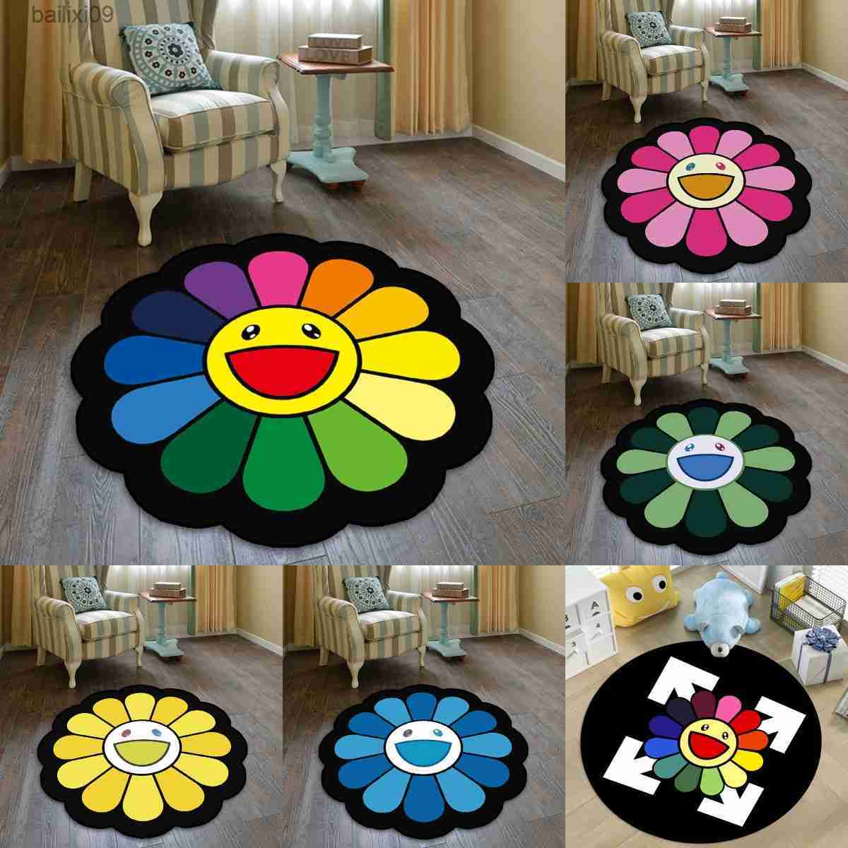 

Carpets Sun Flower Smiley Round Carpet for Bedroom Bedside Living Room Area Rug Lint-free Doormat Chair Mats Fashion Floor Mat Anti-skid T230519