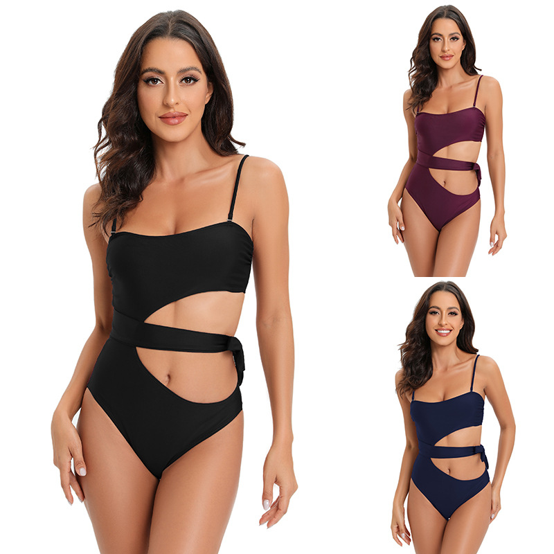 

Summer Beachwear One-Piece Swimsuit For Women Solid Color One Side Cut Out Midriff-Baring Lace-Up Sexy Monokinis Swimming Bodysuit 2023 New Fashion for Girls, Burgundy
