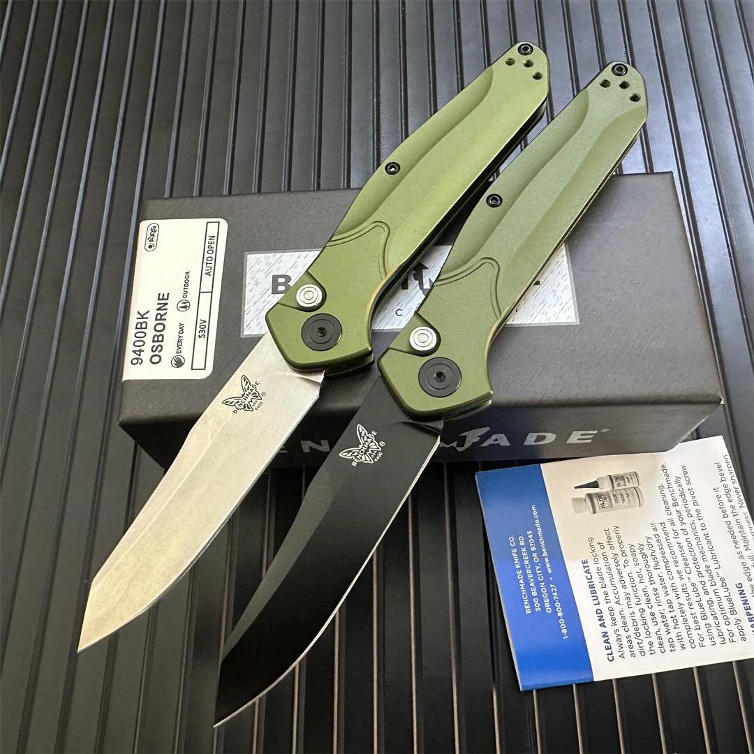 

Benchmade 9400/9400BK Osborne AUTO Folding Knife 3.4" S30V Black/Satin Plain Blade Green Aluminum Handles BM3300 3300 Automatic Pocket Knives Tools
