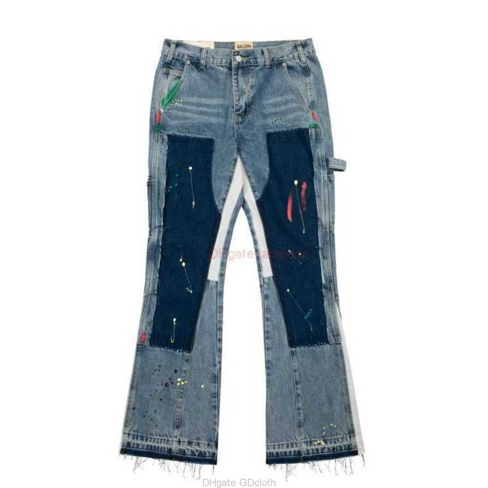 

Fashion Designer Clothing Galleries Denim Pants Galleryes Depts Heavy Industry Speckled Graffiti Micro Horn Structure Spliced Loose Contrast Jeans for Men Womens, Blue