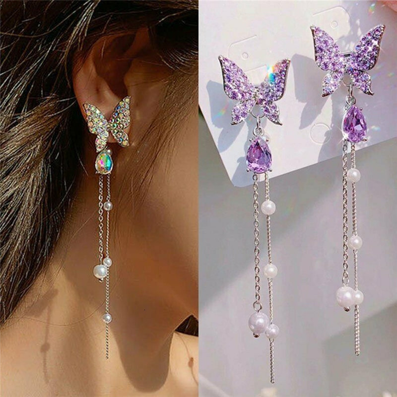 Dangle Chandelier Purple Butterfly Long Pearl Tassel Earrings and A Pair of Elegant Women s Wedding Engagement Jewelry Gift 230519