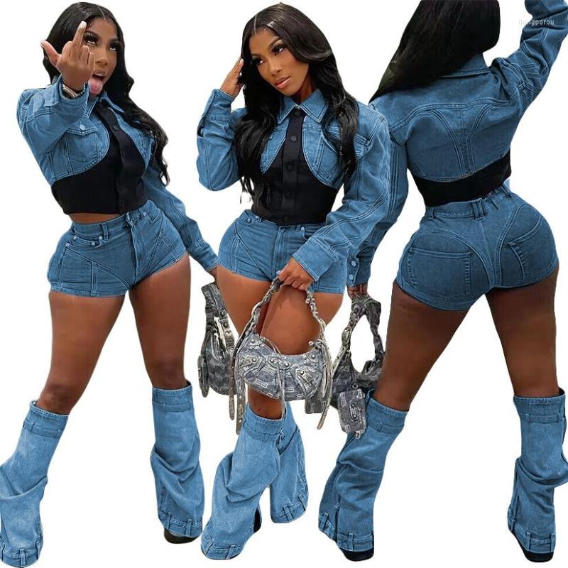 

Women' Tracksuits 2023 Fashion Blue Denim Suits Patchwork Jackets And Stretchy Jean Shorts 2 Piece Pants Set Y2K Street For Women, Sky blue