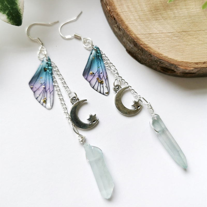 Dangle Chandelier Moon Fairy Crystal Earrings Star Quartz Butterfly Wing Long Chain 230519