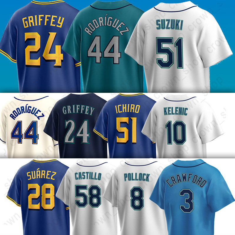 

44 Julio Rodriguez Baseball Jerseys Mariners Ken Griffey Jr. Pollock Jarred Kelenic Ichiro Suzuki Eugenio Suarez Luis Castillo Kolten Wong Sam Haggerty Murphy, Men(shui shou)