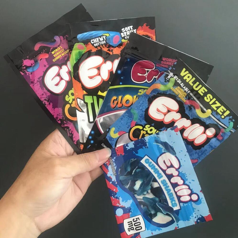 

4 kinds Errlli Gummi Edibles packaging bags 600mg Errlli Sour Glowworms Twisted Brite Crawlers mylar bag 500mg Errlli Gummi Sharks empty gummies packing baggies
