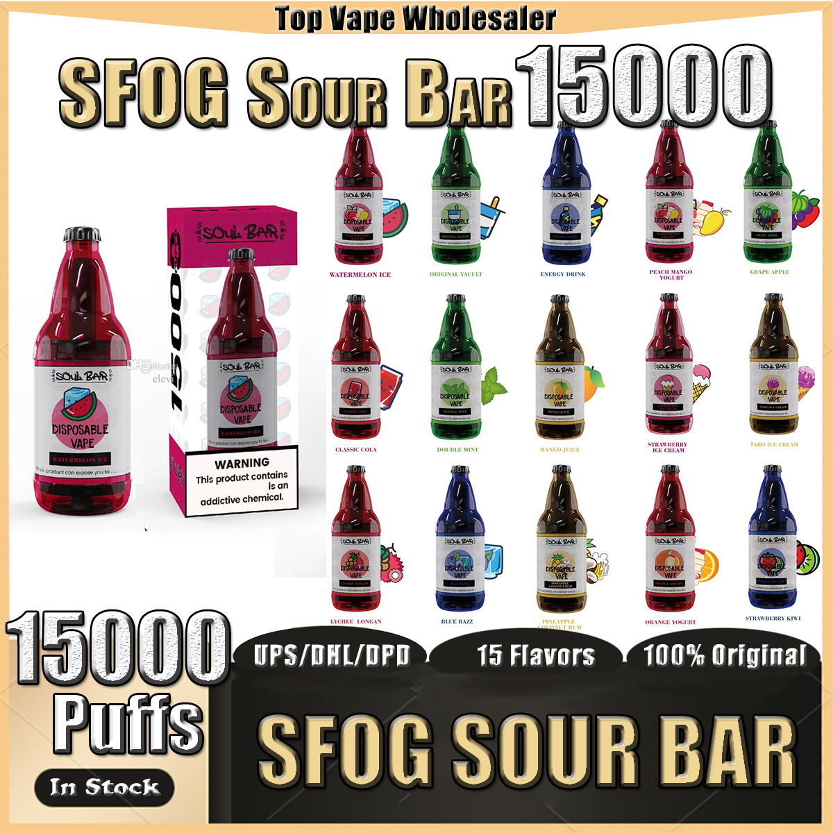 

Original SFOG SOUR BAR 15000 Puffs 22ml Disposable E Cigarette Bottle Vape Pen 8 pcs/box With Mesh Coil 600mah Rechargeable Battery JODK Threeberry Beer Bottle Vapes