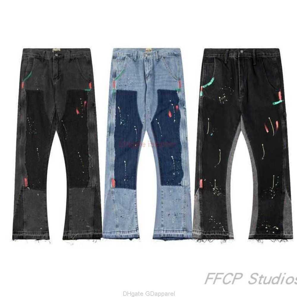 

Fashion Designer Clothing Galleries Denim Pants Galleryes Depts Deconstructed Splice Speckle Flare Pants High Street Casual Men's Women's Raw Edge Denim Pants 2024, Black