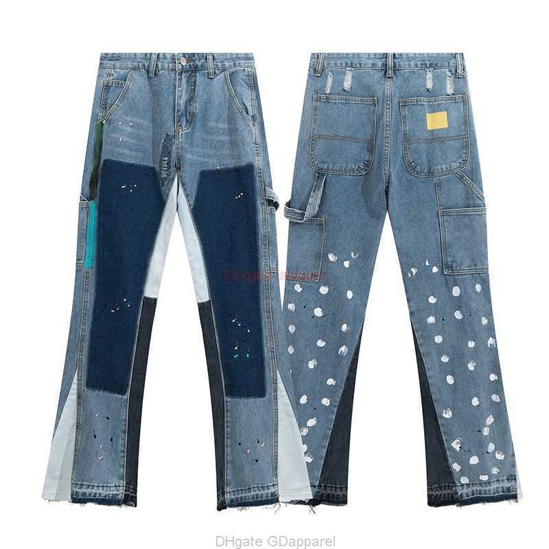 

Fashion Designer Clothing Galleries Denim Pants Galleryes Depts Patchwork Jeans Men's Women's High Street Ink Splashing Washing Micro La Casual Pants Trend, Blue