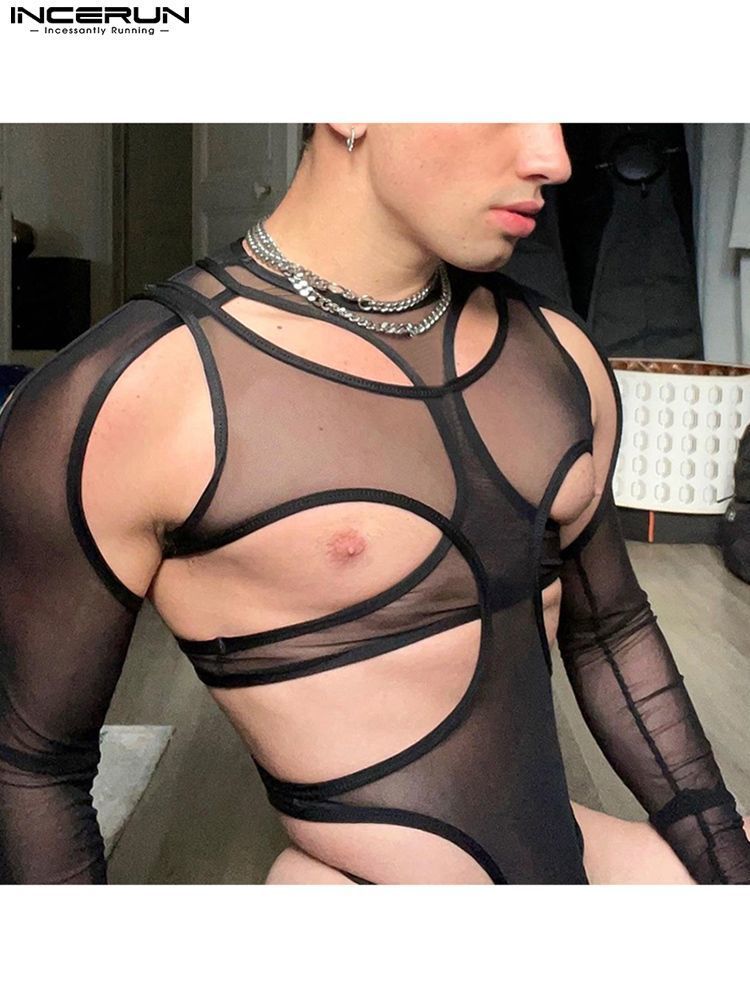 Men&#039;s Sleepwear Men Bodysuits Mesh See Through Pajamas Hollow Out Solid Underwear Sexy O-neck Long Sleeve Men Irregular Bodysuit INCERUN 230-image-996104711