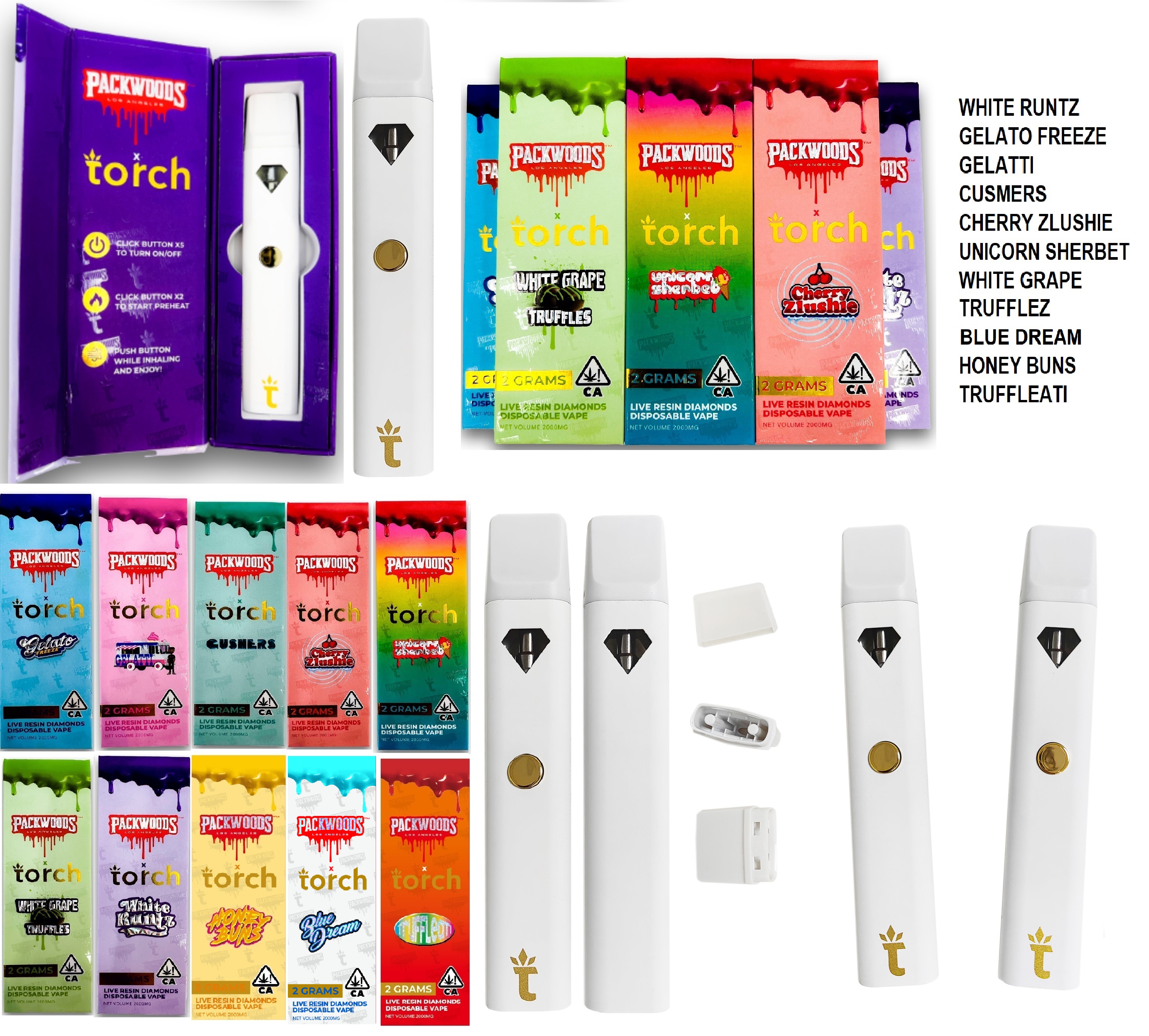 

PACKWOODS TORCH 2G Disposable vape pens Rechargeable Battery 10 strains Empty Cart with Packaging Kit