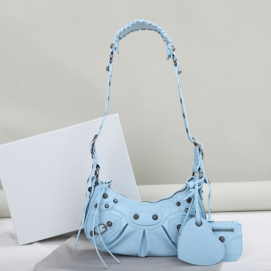 

Half Moon Motorcycle Bag Designer Le Cagole Crocodile Pattern Leather Crossbody Bag With Heart-shaped Makeup Mirror Coin Purse Balenciagas Shoulder Bags, Blue