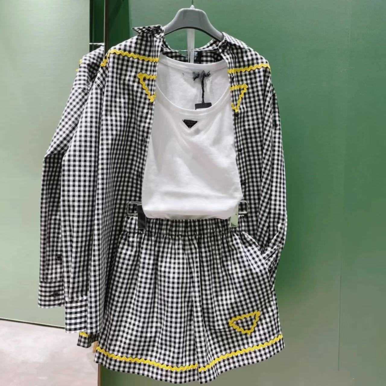 

Wave Edge Ribbon Spliced Long Sleeve Shirt Summer New Checker Pattern Fashion Age Reducing Loose Relaxed Shirt, Shorts