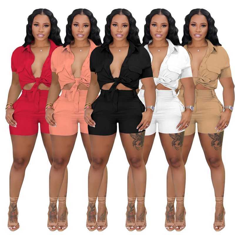 

Fashion Tracksuits Women Solid Shirt Buckle Collar Short Sleeve Crop Top And Shorts Two Piece Set Summer Casual Clothing, Khaki14