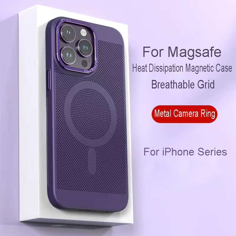 

Cooling Breathable Mesh For Magsafe Magnetic Case For iPhone 14 13 12 11 Pro Max 14Plus Metal Lens Frame Wireless Charging Heat Dissipation Steel Back Cover, Purple