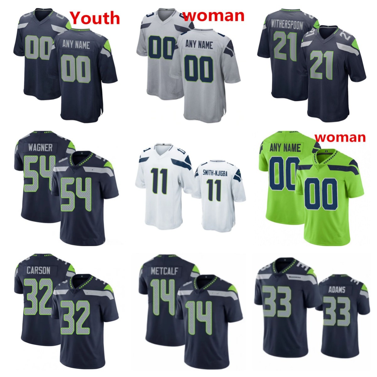

Devon Witherspoon Jersey 11 Smith-Njigba Devon Witherspoon Women Dk Metcalf Jersey Custom 33 Jamal Adams 16 Tyler Lockett 7 Geno Smith 20 Rashaad Penny Youth Jerseys, Men green
