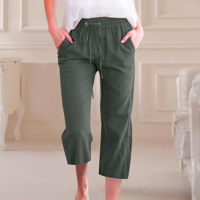 Womens Pants Summer Sweatpants Women Clothing Cropped Large Pockets Solid Color Comfortable Cotton Linen Casual Straight Trousers