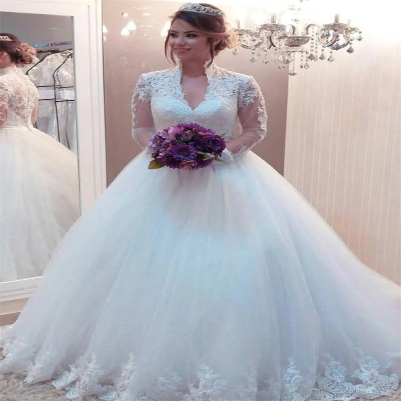 Belle robe de mariée princesse blanche 2023 élégante col en V à manches longues en dentelle église robes de mariée modeste Boho une ligne tulle m
