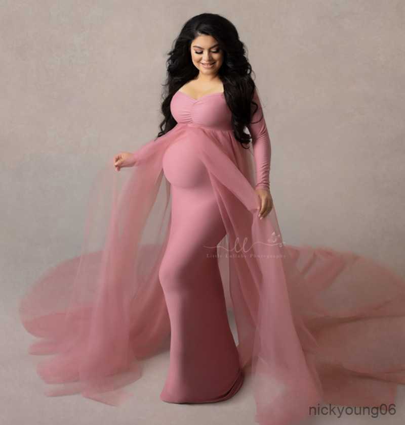 Pink MaterniTY Dresses Photography Props Shoulderless Pregnancy Long Dress For Pregnant Women Gown Baby Showers Photo Shoot M260226-image-1095552486