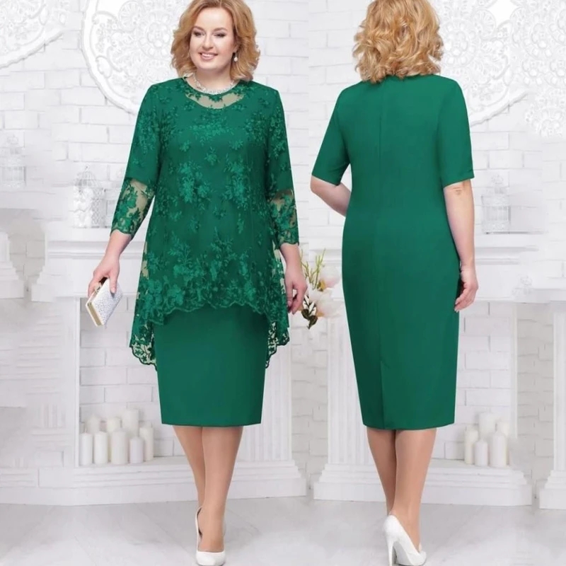 Robes mère de la mariée grande taille, deux pièces en dentelle appliquée en mousseline de soie, longueur thé, tenue de bal verte pour mère, occas
