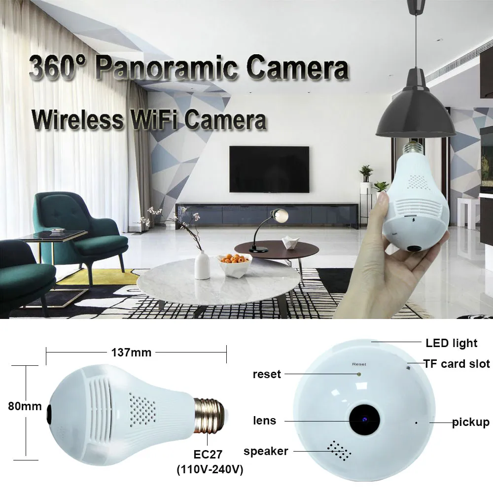 

INQMEGA 360 Degree LED Light 960P Wireless Panoramic Home Security Security WiFi CCTV Fisheye Bulb Lamp IP Camera Two Ways Audio