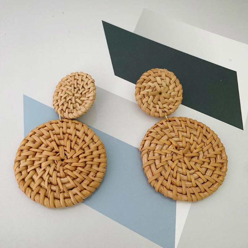 Dangle Chandelier Geometric Drop Korean Earrings For Women Girls Oversize Round Rattan Knit Style Jewelry Summer Beach Accessories 230519