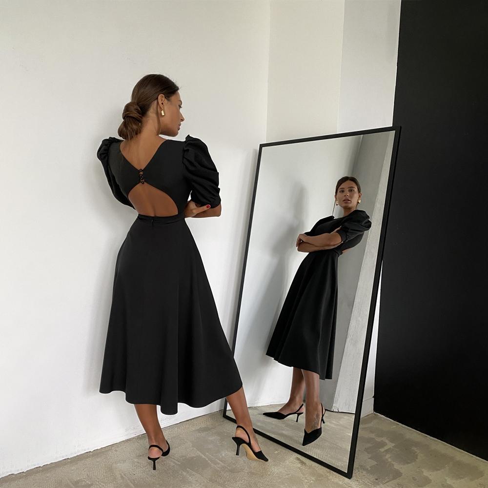 

Dresses Churses Sexy O Neck Backless Midi Party Dress Summer Elegant Puff Sleeve A line Solid Folds Night Club Dresses For Women 2022, Sky blue