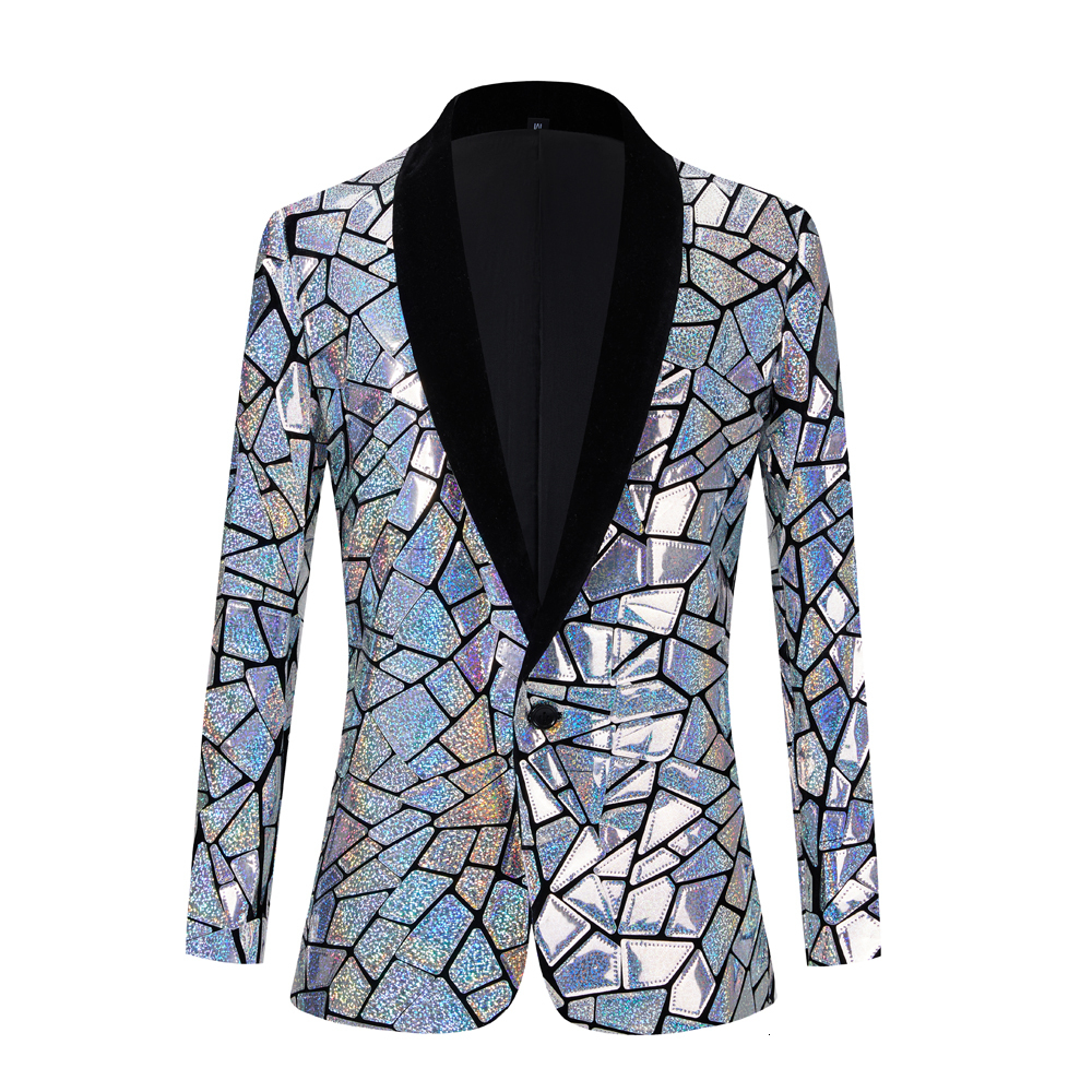 Men's Suits Blazers Mens Laser Sequin Blazer Jacket Shawl Lapel One Button Shiny Wedding Party Suit Dinner Tuxedo Nightclub Host Male 230519