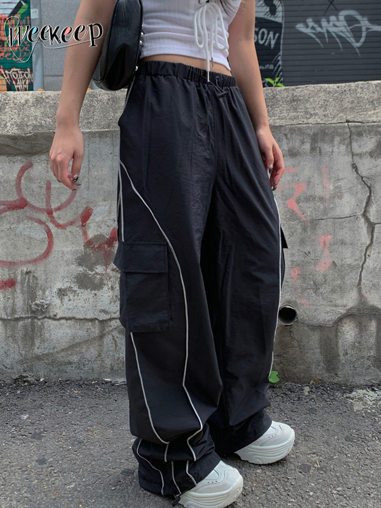 Womens Two Piece Pants Weekeep Oversized Black Sweatpants Low Rise Side Stripe Basic Cargo Lady y2k Streetwear Baggy Jogger Casual Korean Fashion 23