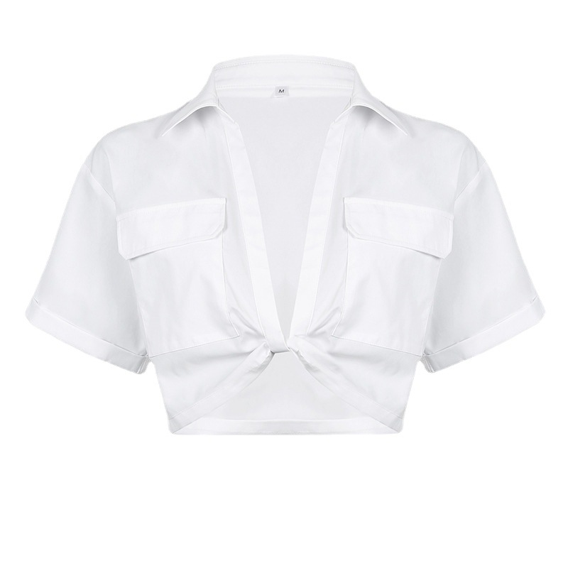 

Women' T Shirts Flap Pocket Short Tops Open Stitch Navel Exposed Fashion Twisted Shirt Solid Color Polo Collar Sleeve Blouse Clothes 26699, White