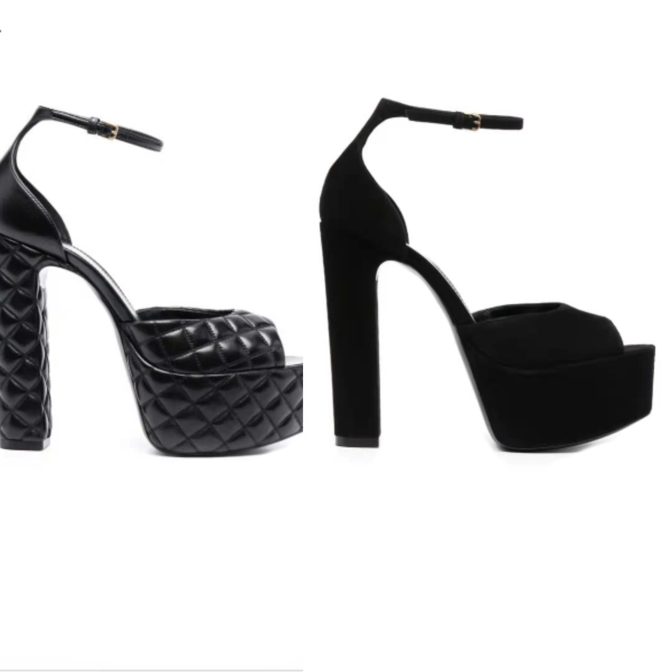 

Flower Sandals Fashion Square grid Platform heel womens shoes Designer ankle wrap 13.5cm high heeled Rome ladies shoe 35-42 Fish Mouth Open Toe Cover Heel Sandal, Black