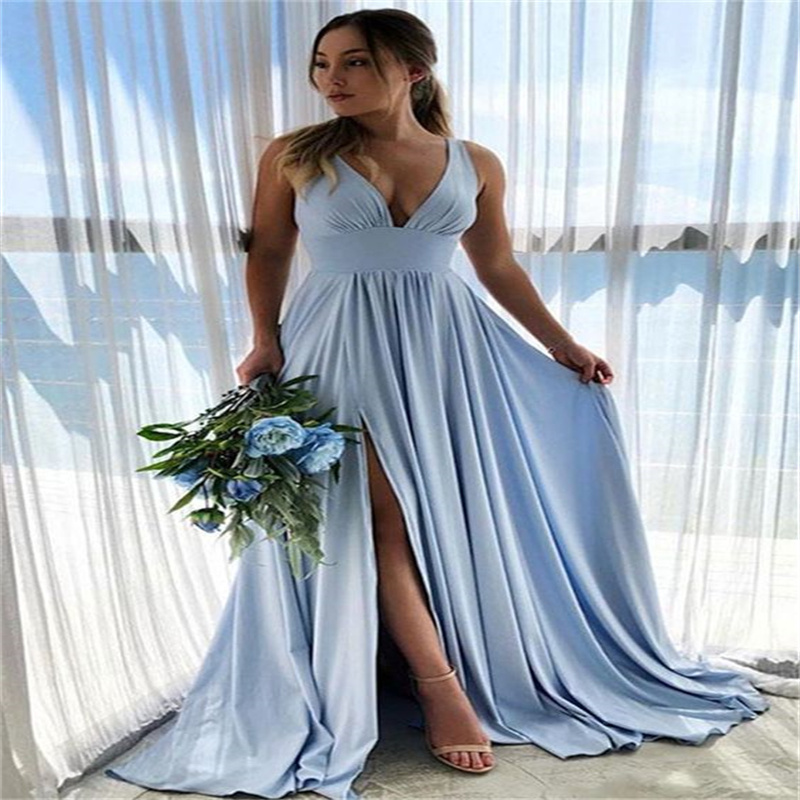 Livraison plus rapide bleu robe de bal 2023 Sexy col en V fendu robe de soirée Boho plage Strech danse robes de soirée Simple occasion formelle V