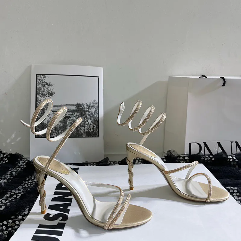

Rene caovilla Cleo Margot Embellished Snake Strass stiletto Heels sandals Evening shoes women high heeled Ankle Wraparound shoe factory footwear, Black/gold