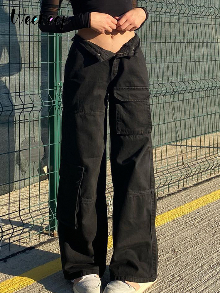 Womens Two Piece Pants Weekeep Low Rise Black Jeans Baggy Pocket Patchwork Straight Cargo Harajuku Streetwear Denim Trouser Fashion s 230519