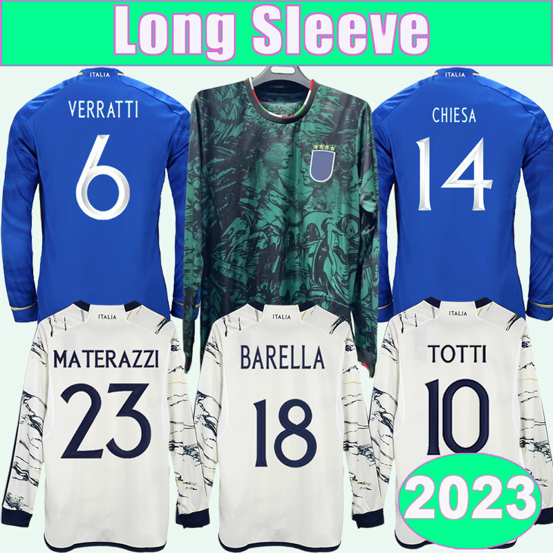 

2023 Italy VERRATTI Mens Soccer Jerseys National Team PINAMONTI TOTTI RASPADORI CHIESA BARELLA BONUCCI Home Away Special Edition Long Sleeve Football Shirts, Cx13031 2023 away no patch