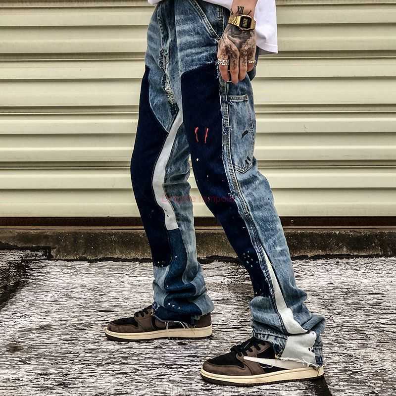 

Fashion Designer Clothing Galleries Denim Pants High Street Galleryes Depts Hand Painted Splash Stitched Washed Jeans Pants Men's Fashion Horn Casual Pants 2028, As shown in figure