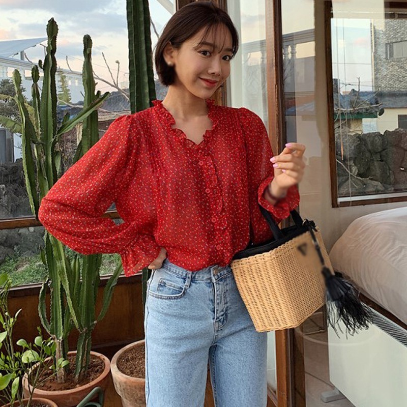 Women's Blouses Shirts Women's V Neck Floral Printing Blouses Single Breasted Sweet Leisure Long Sleeve Chiffon Shirts 230519