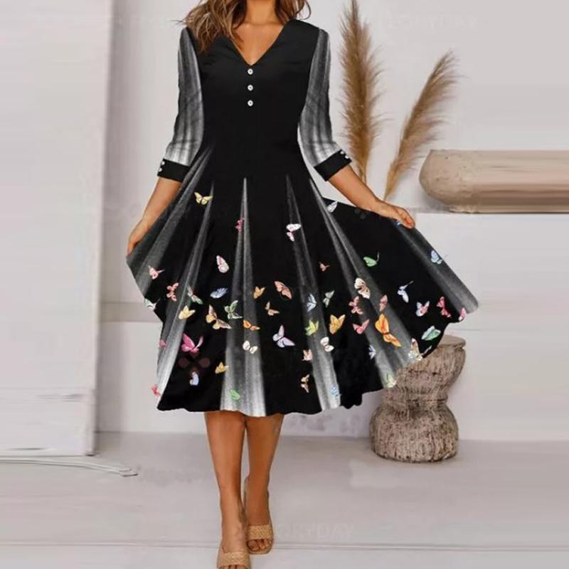 

Dresses Vintage Loose Dress Women New Fashion V Neck Butterfly Printed Longsleeved Dress Elegant Casual Ladies Party Dresses Vestido, Print 2