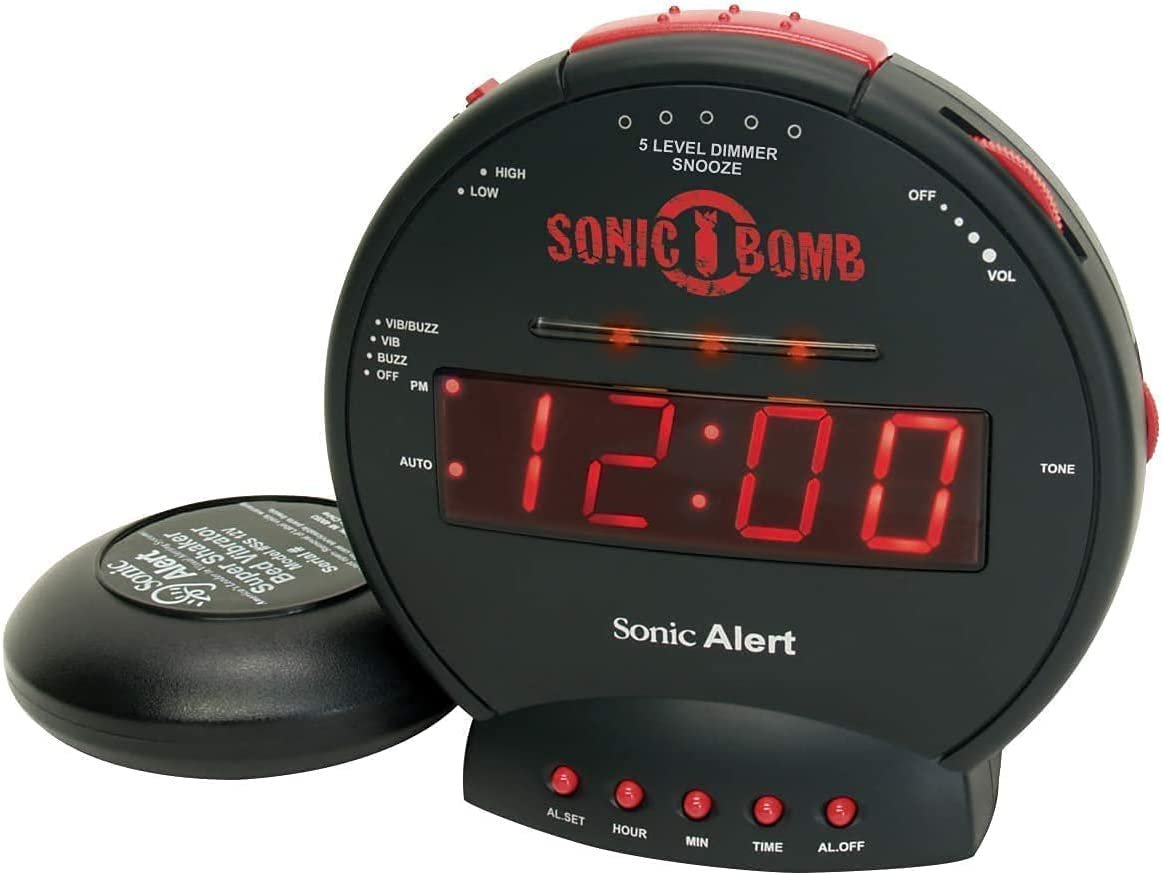 Sonic Alert - Sonic Bomb Double Réveil avec Vibromasseur et Affichage Numérique - Noir Rouge