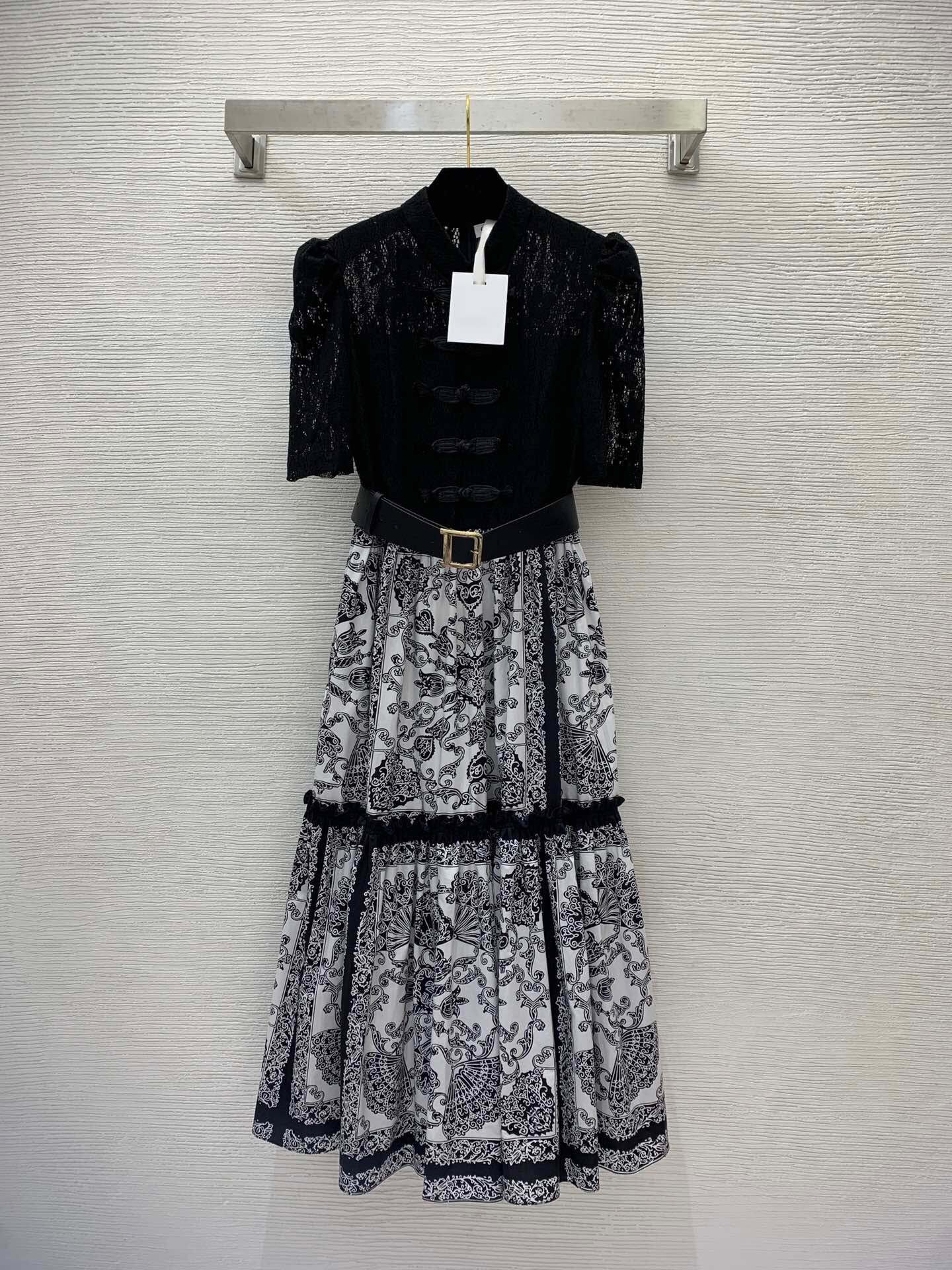 2023 été noir Paisley imprimé lambrissé robe en dentelle à manches courtes col montant boutons midi robes décontractées B3W0911569
