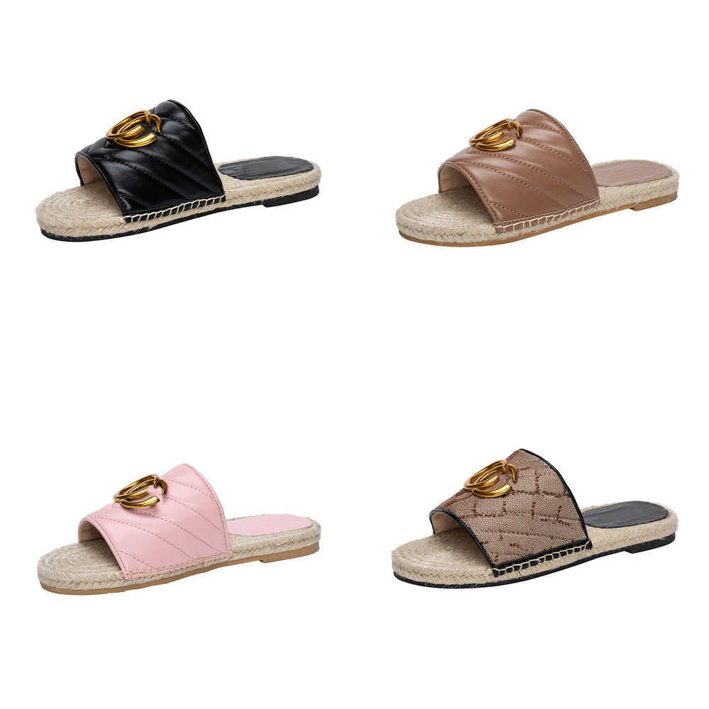 2023 Summer Slippers Sandles Designer Womens Sandales Embroidery G metal buckle Canvas leather Fashion Straw Weave Fisherman Slides Flip flops sh