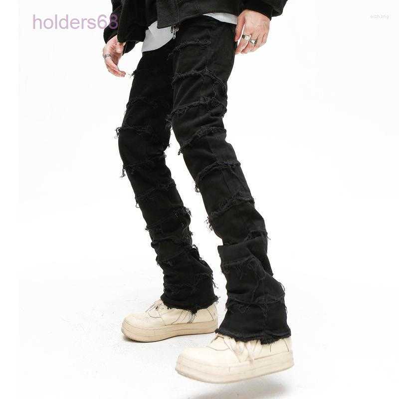 

Men's Jeans Mens Retro Patchwork Flared Pants Grunge Wild Stacked Ripped Long Trousers Straight Y2k Baggy Washed Faded for Men, Black