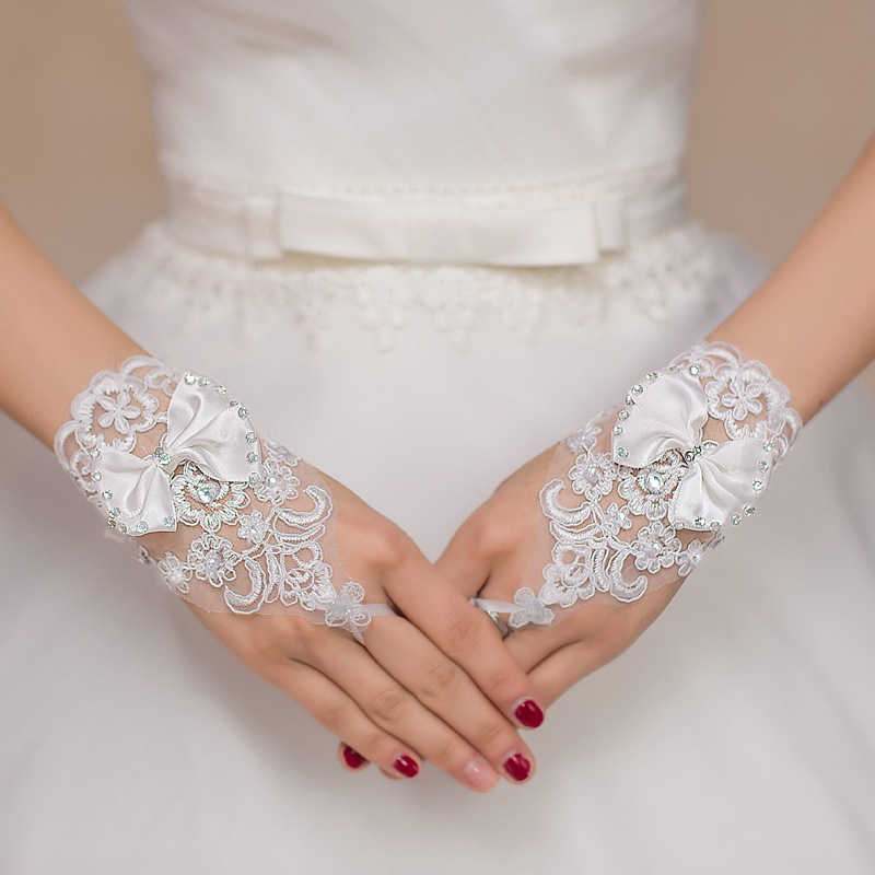 

ST-0029-A Wedding Glove Etiquette White Short Glove Bow Knot with Diamond Lace Open Finger Fingerless Beautiful Wedding Dress Accessories