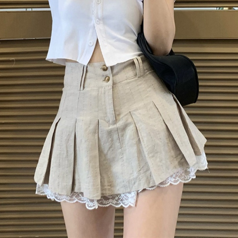 Jupes Plissées Mini Jupe Femmes D'été Court Dentelle Jupes Femme Style Preppy Kaki Taille Haute Jupe Fille Uniforme Scolaire Minijupe 230519