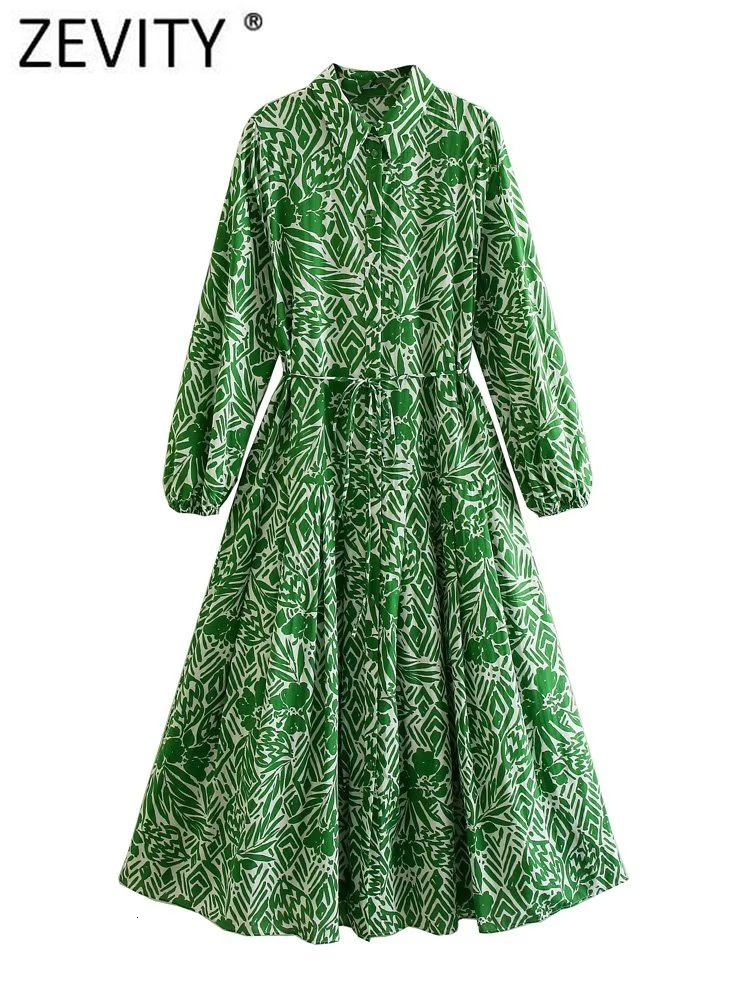 Basic Casual Dresses Zevity Women Vintage Graffiti Print Lace Up Big Swing A Line Midi Shirt Dress Office Lady Chic Button Party Vestidos DS3888 230