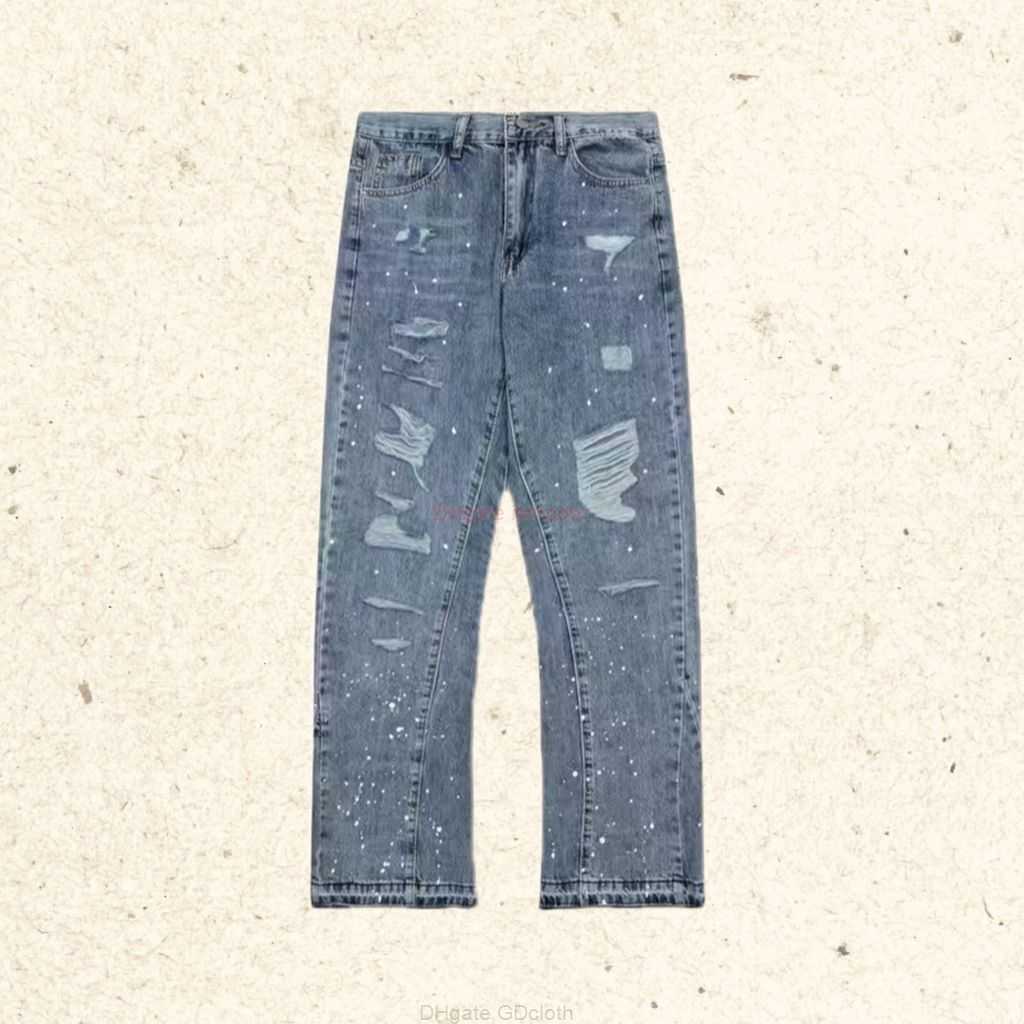 

Fashion Designer Clothing Galleries Denim Pants High Version Galleryes Depts Heavy Industry Ink Splash Hole Breaking Net Red Men's Women's Washing Jeans Pants, Wash water blue